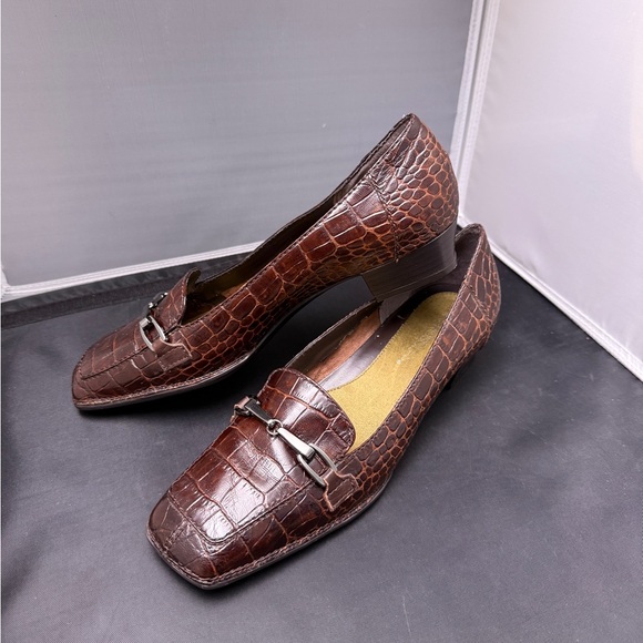 Aerosoles Brown Croc Embossed Bit Loafers Square Toe Comfort Shoes Sz 7.5 - Picture 1 of 7